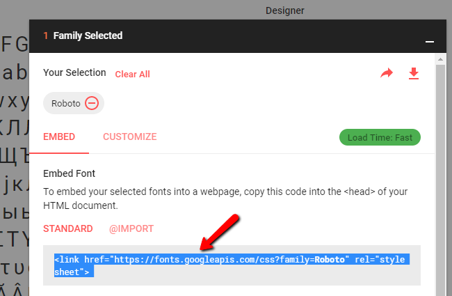 Selecting a Google Font's Embed Code