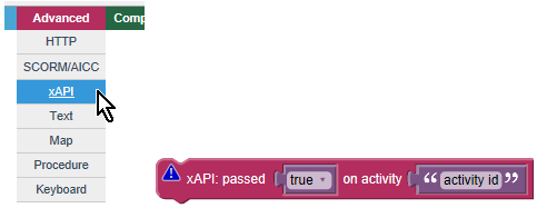 advanced xAPI passed equals true action block