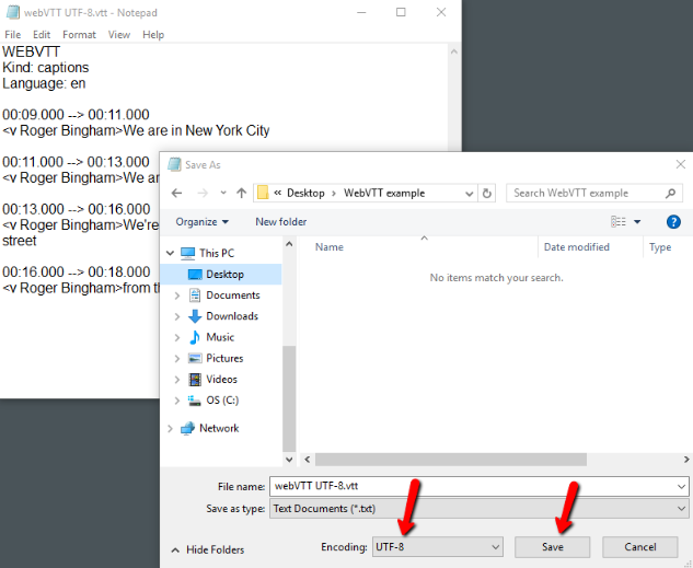 Notepad file containing WebVTT format video captions