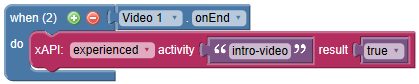 xAPI on video end set experienced intro video activity equals true action block