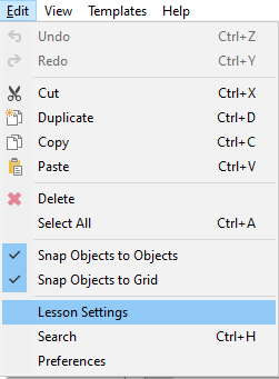 Edit menu options with lesson setting selected